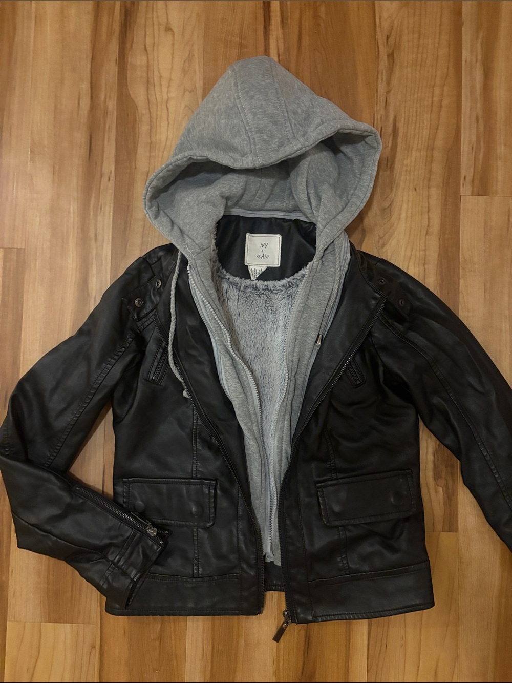 NWOT Black Faux Leather Jacket with Gray Hooded Liner